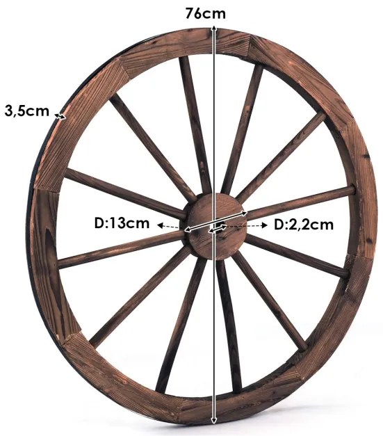 Roda de carrinho de madeira com diâmetro de 76 cm para decoração de jardim doméstico Castanho