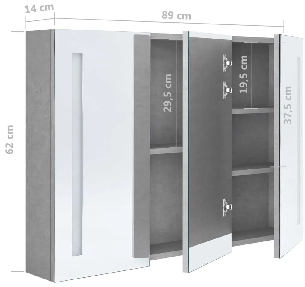 Armário espelhado casa de banho LED 89x14x62cm cinzento cimento