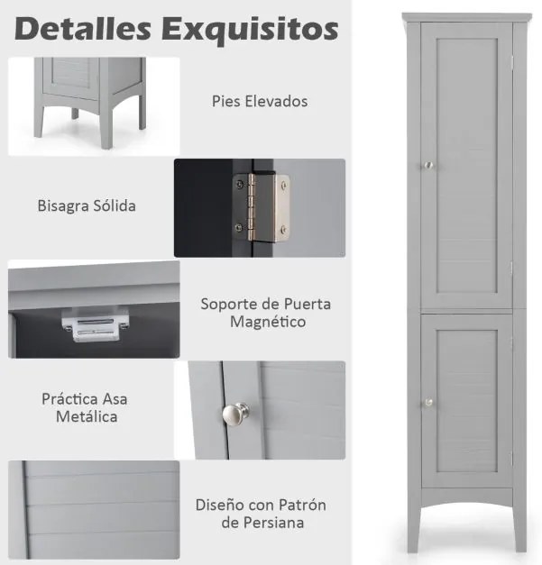 Armário de casa de banho alto com 5 níveis de arrumação estreito 37 x 37 x 160 cm Cinzento