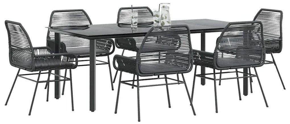 Conjunto de jantar jardim 7 peças almofadas vidro vime PE preto