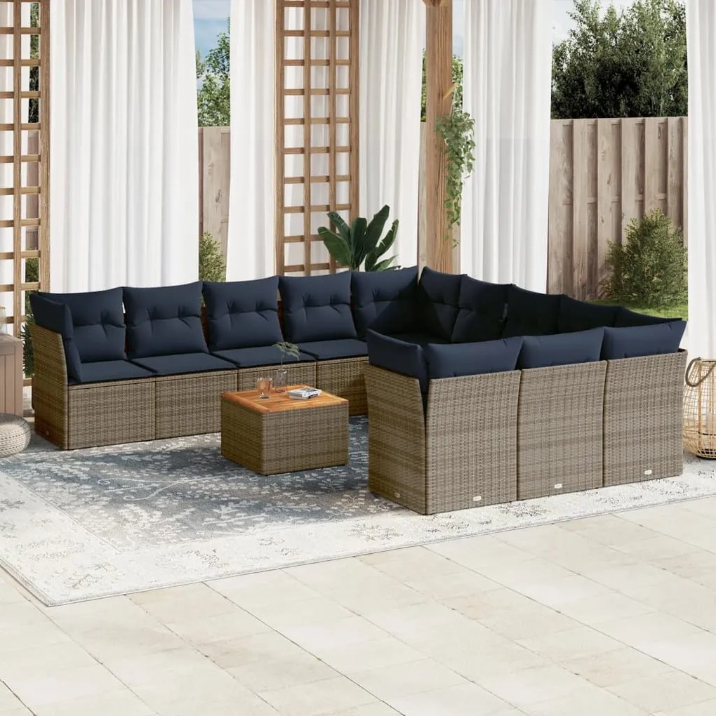 vidaXL 12 pcs conjunto sofás p/ jardim c/ almofadões vime PE cinzento