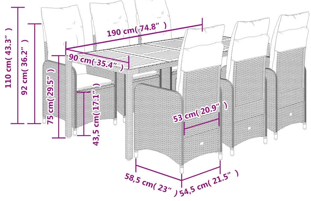 7 pcs conjunto bistrô de jardim c/ almofadões vime PE cinza