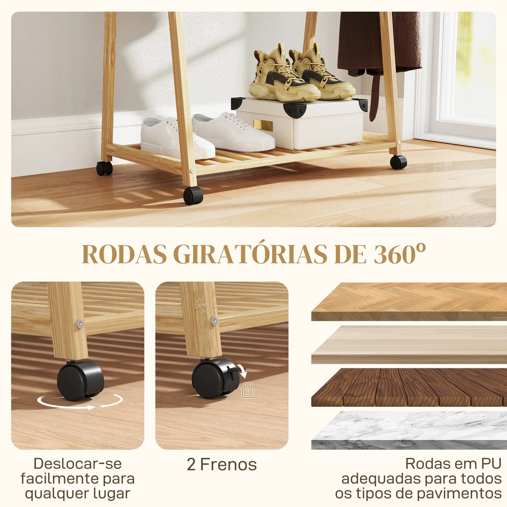 Charriot de Bambu para Roupa Charriot para Roupa com Rodas 2 Prateleiras Abertas e 2 Ganchos 84,5x43,5x158 cm Madeira