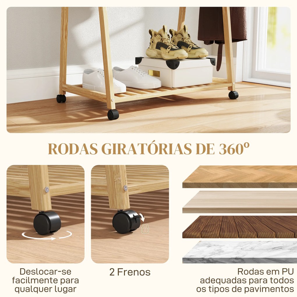 Guarda Roupa de Bambu para Roupa Charriot para Roupa com Rodas 2 Prateleiras Abertas e 2 Ganchos 84,5x43,5x158 cm Madeira