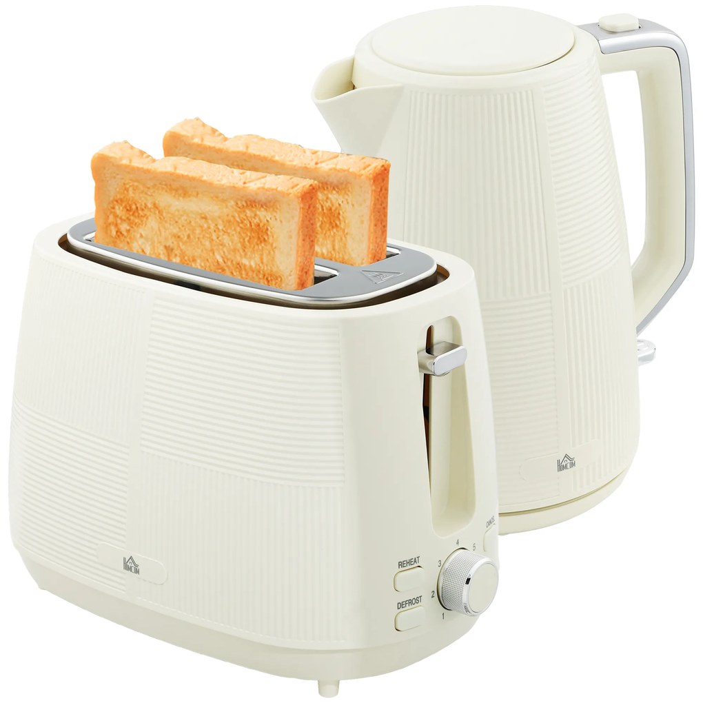 Conjunto de Torradeira e Jarro de Água Elétrico de Aço Inoxidável 2200W 1,7L Torradeira de Pão 2 Fatias 3 Funções Creme