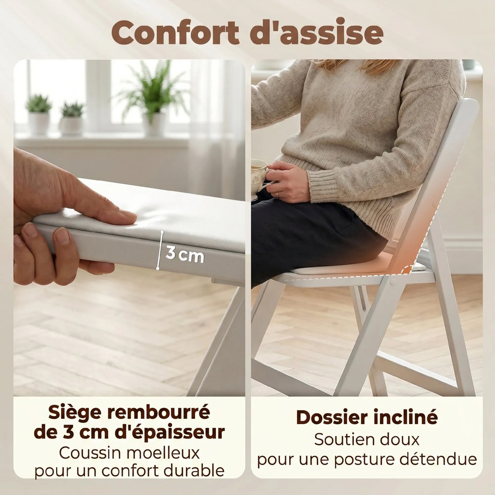 Conjunto de 4 cadeiras dobráveis em resina e PU (MESA NÃO INCLUIDA), cadeiras dobráveis portáteis para interior e exterior, 45 x 44 x 78 cm, branco
