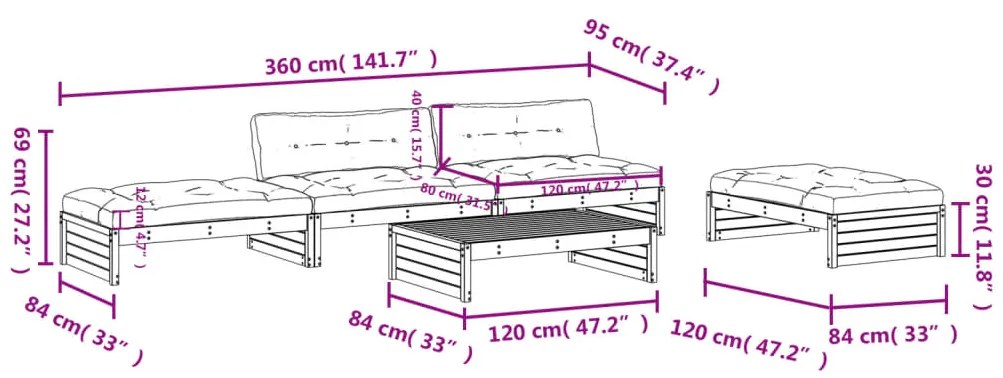 5 pcs conj. lounge jardim com almofadões madeira douglas maciça