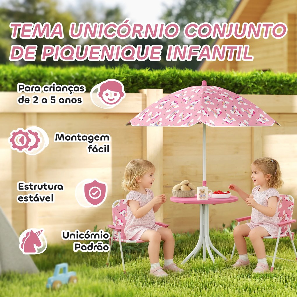 Conjunto Infantil de Mesa e Cadeiras de Jardim de 4 Peças Cadeiras Dobráveis Chapéu de Sol Desmontável Design Unicórnios Rosa