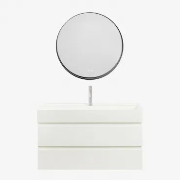 Conjunto De Móvel De Casa De Banho Suspenso Em Madeira E Folha De Freixo Com Lavatório Integrado Ona Branco & Redondo Led - Sklum