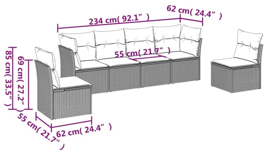 6 pcs conj. sofás jardim com almofadões vime PE cinzento-claro