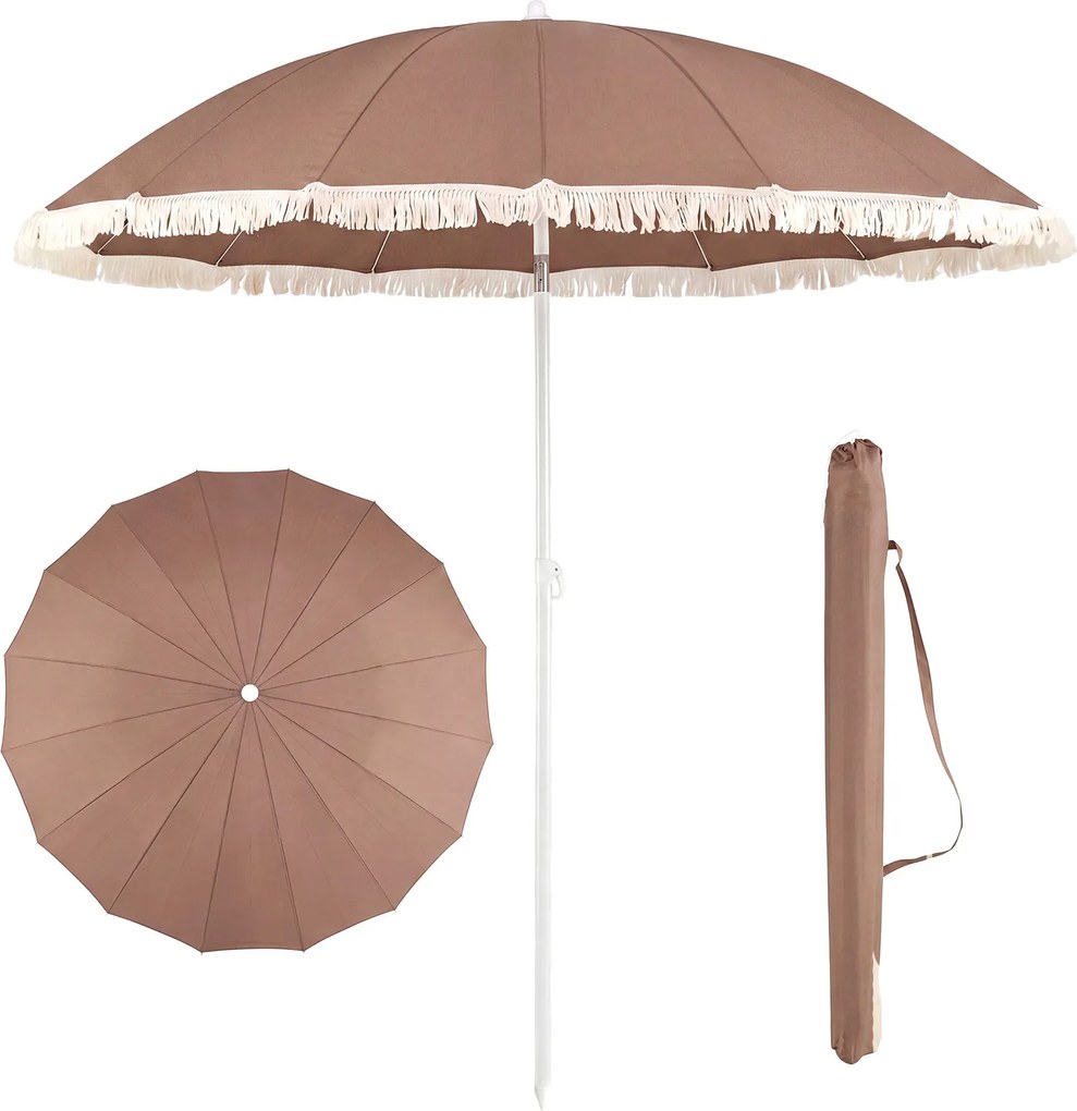 Guarda-sol de praia com franjas, 200 cm, 12 varas, ângulo de inclinação ajustável, proteção solar, estilo boémio, para jardim, pátio ou piscina, Cafe