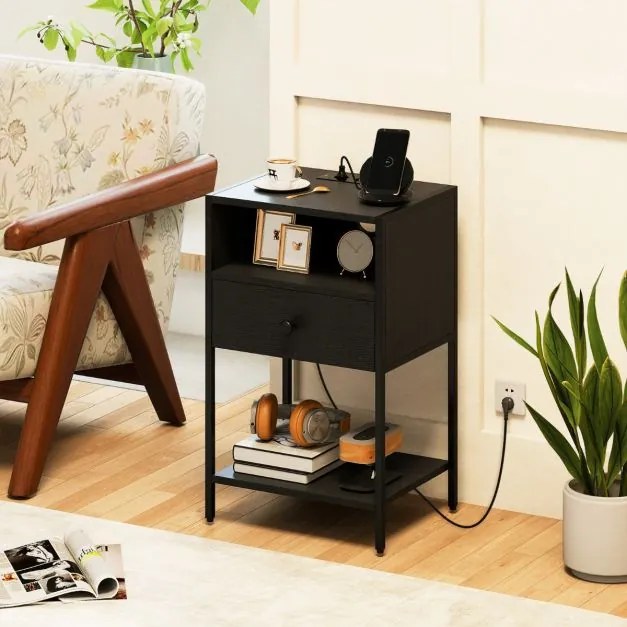 Conjunto de 2 mesas de cabeceira, mesas apoio 40 x 32 x 65 cm com Estação de carregamento, Compartimento aberto Gaveta Pretas