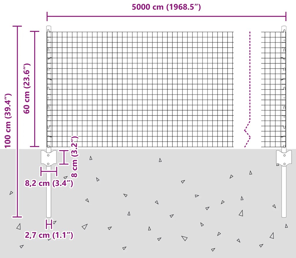 Cerca de Arame Soldado com 22 Postes U Prateado 0.6x50 m Aço