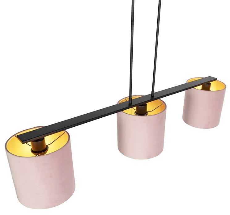 Candeeiro de suspensão com abajures de veludo rosa com dourado 20cm - Combi 3 Deluxe Clássico / Antigo