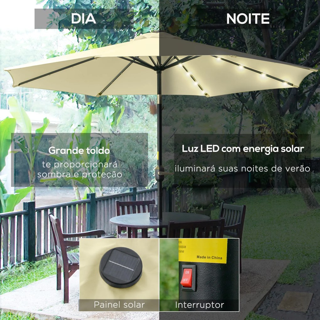 Outsunny Chapéu de Sol com 32 Luzes LED Solares Ø265x233cm Chapéu de Sol Inclinável com Manivela e Mastro de Aço para Terraço Pátio Exterior Bege