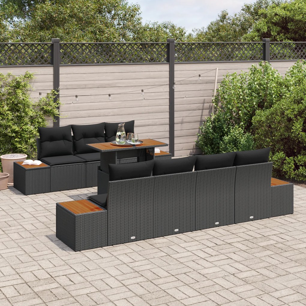 Conjunto de Sofá de Jardim de 8 Peças com Almofadas Preto Vime PE