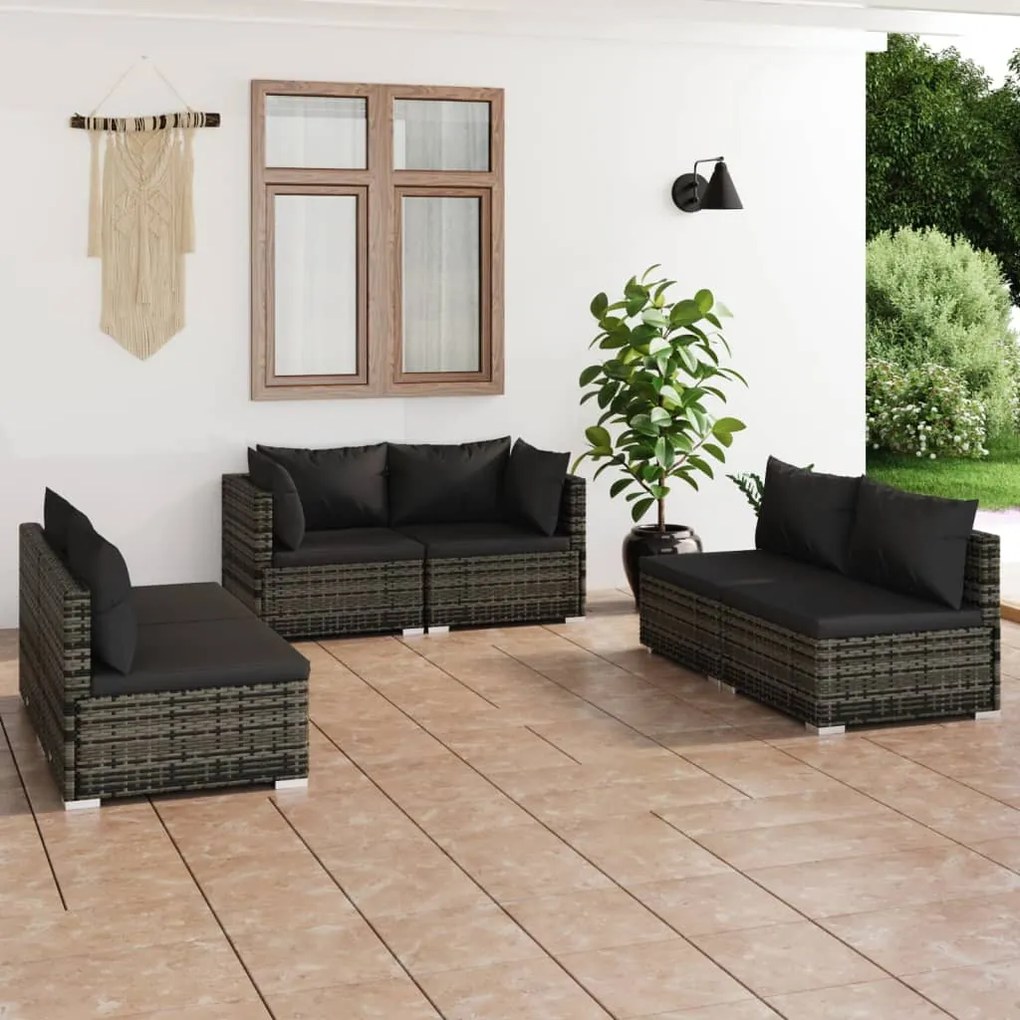 vidaXL 6 pcs conjunto lounge de jardim c/ almofadões vime PE cinzento