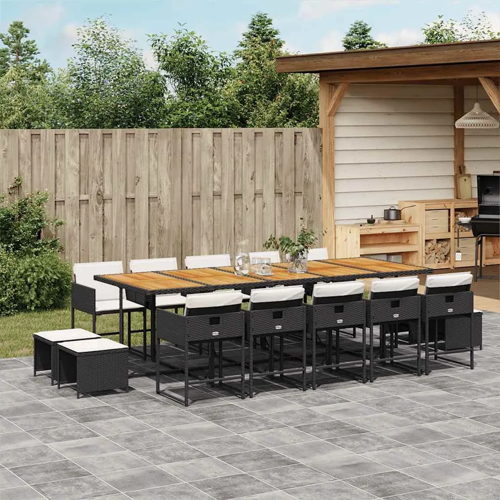 15 pcs conjunto de jantar p/jardim com almofadões vime PE preto