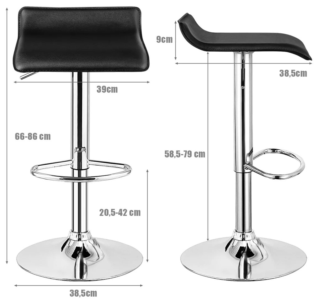 Conjunto de 2 bancos de bar giratórios com altura de balcão ajustável Quadrados em couro PU Rotação de 360° Semi-encosto Pretos