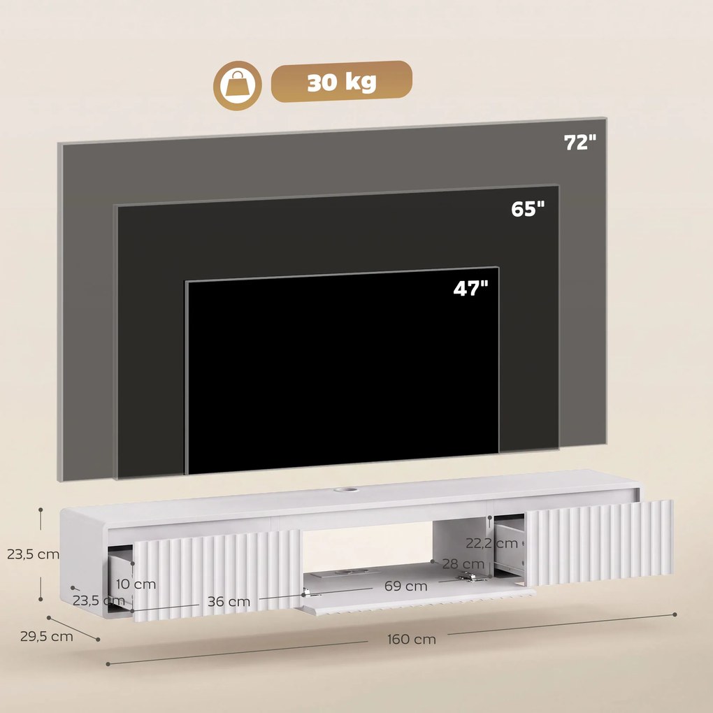 Móvel de TV Suspenso, 160 x 29,5 x 23,5 cm, Iluminação LED, Branco
