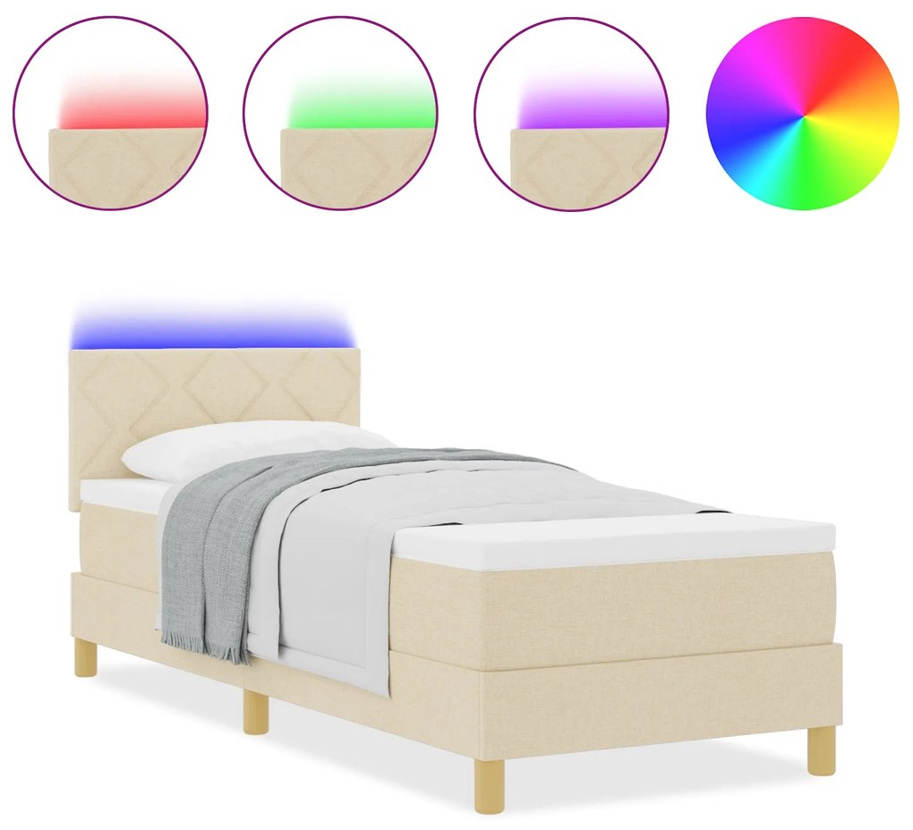Cama Box Spring com Colchão &amp; LED Creme 80x200 cm Tecido