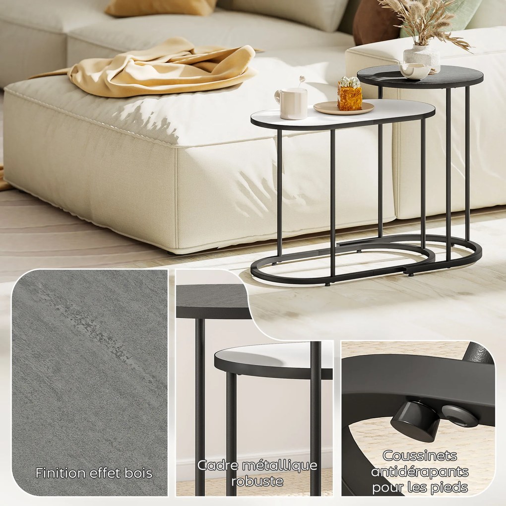 Conjunto de 2 mesas baixas encaixáveis, mesas auxiliares empilháveis de estilo contemporâneo, estrutura em metal cinzento e branco