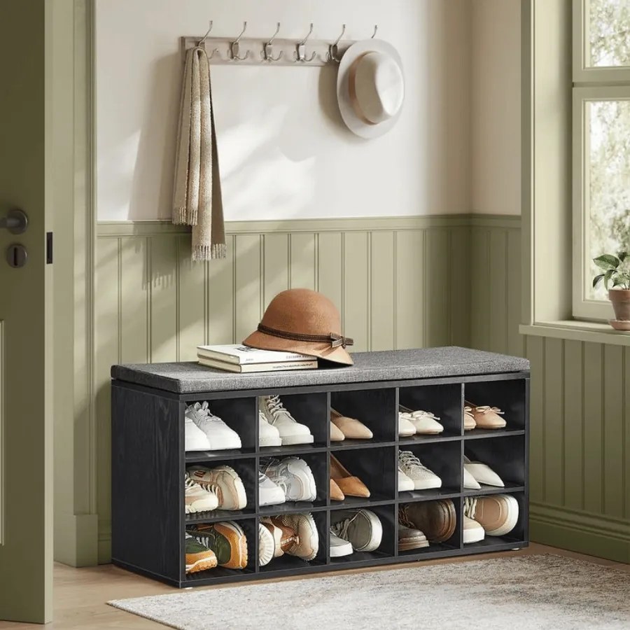 Banco sapateira para sapatos 30 x 105 x 48 cm com almofada e 15 compartimentos em preto-cinza ardósia