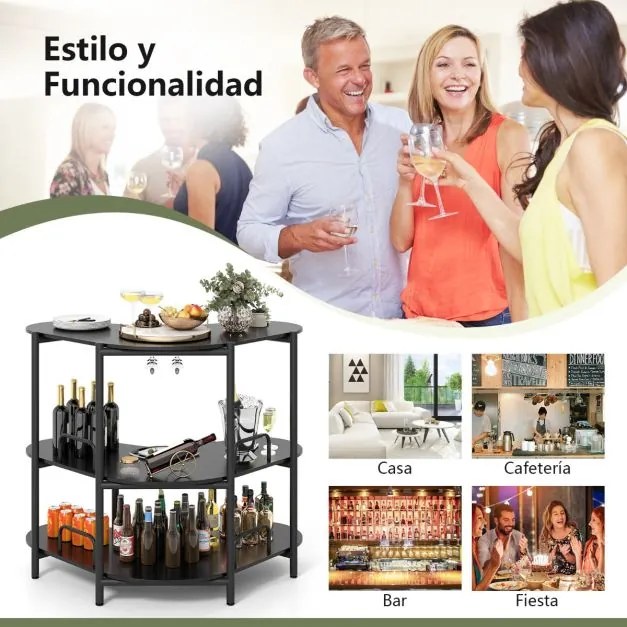 Mesa de Bar com Suportes para Copos e Estantes Bar Industrial com Estrutura Metálica 120 x 66 x 102 cm Preta