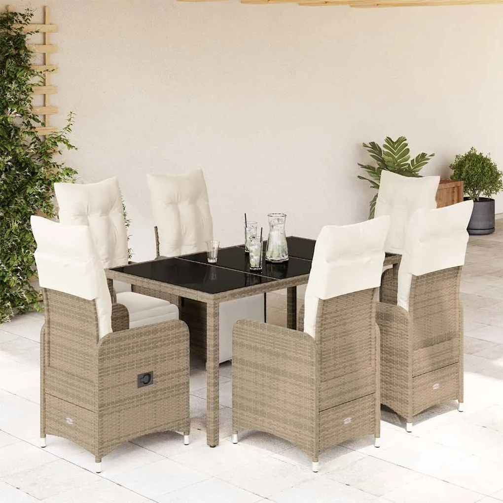 vidaXL 7 pcs conjunto bistrô de jardim c/ almofadões vime PE castanho