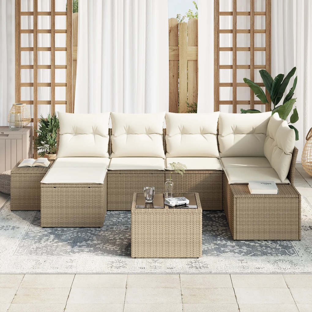 Conjunto de Sofá de Jardim com 7 Peças com Almofadas Marrom Vime PE
