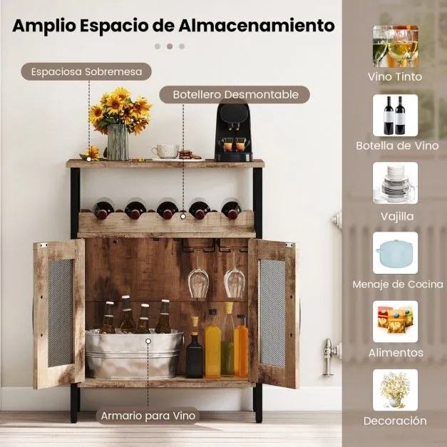 Garrafeira Bar 60 x 34 x 79 cm de Vinhos com Prateleira Removível para Vinhos e Porta-Copos Armário Bar Castanho