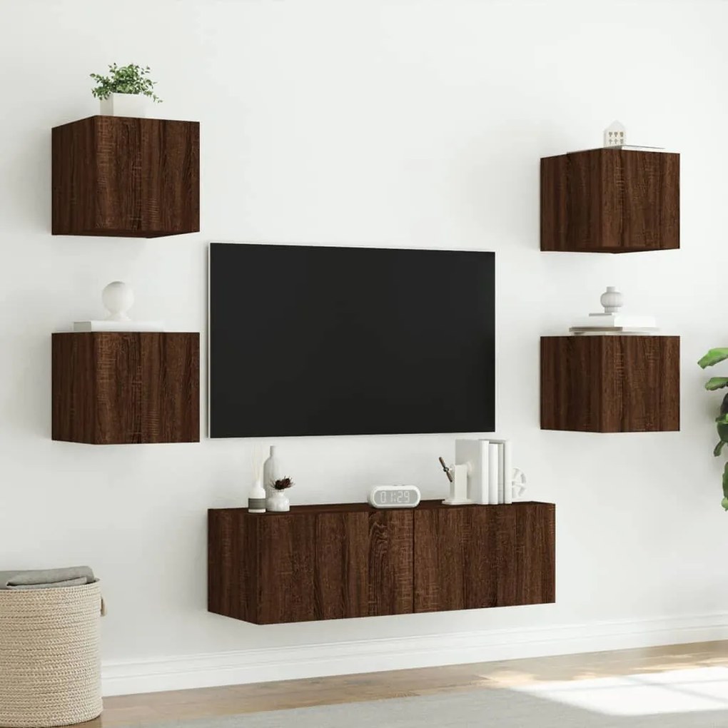 5 pcs móveis de parede para TV com luzes LED carvalho castanho