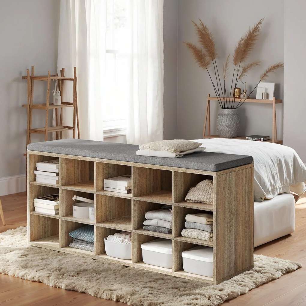 Banco para sapatos com espaço de arrumação, sapateira com assento 30 x 105 x 48 cm castanho-cinzento