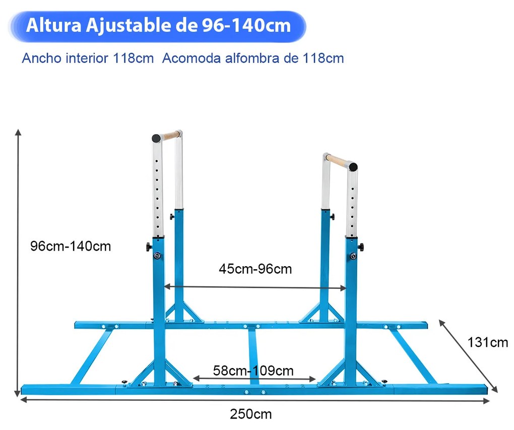 Barras de ginástica paralelas com largura ajustável e 11 alturas Carga 100 kg para crianças 6-12 anos 250 x 131 x 140 cm  Azul