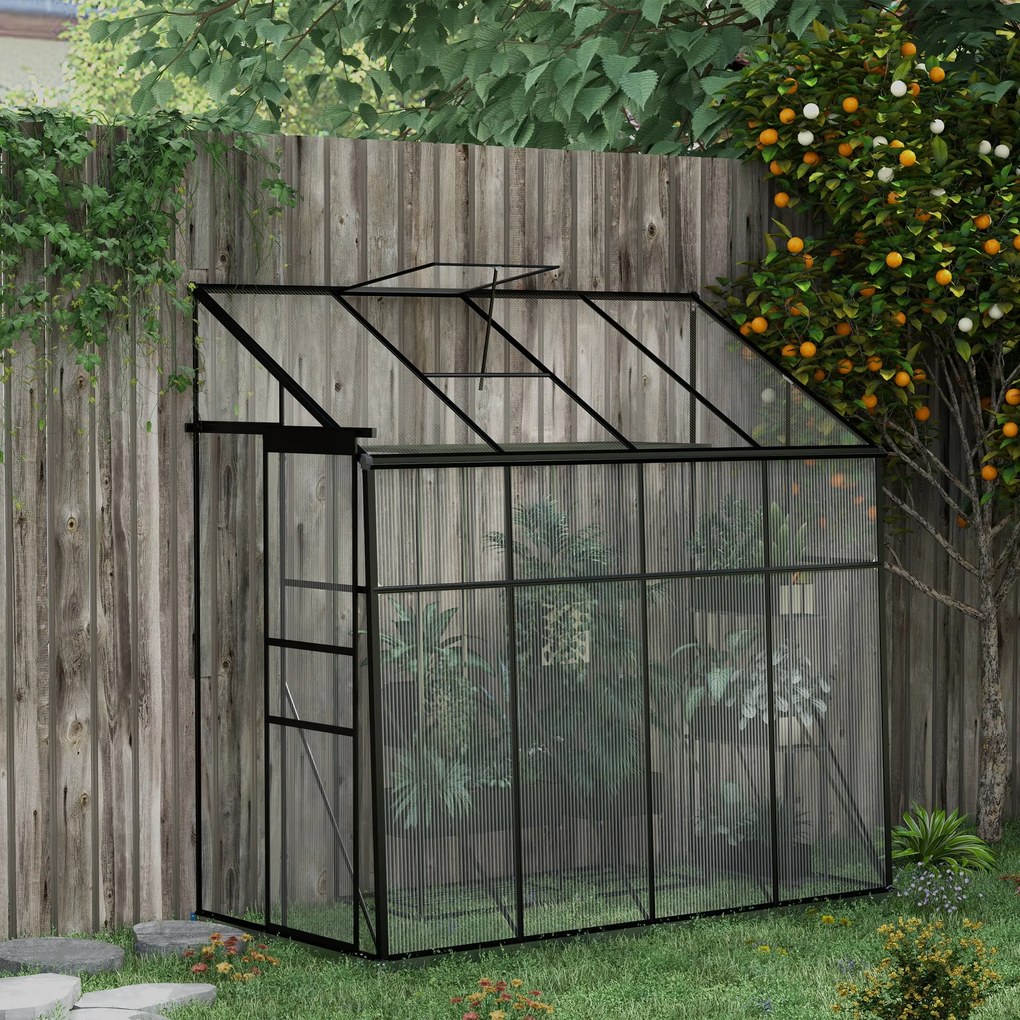Estufa de jardim 127 x 253 x 240 cm parede em policarbonato, com porta de correr, ventilação no telhado, base, preta