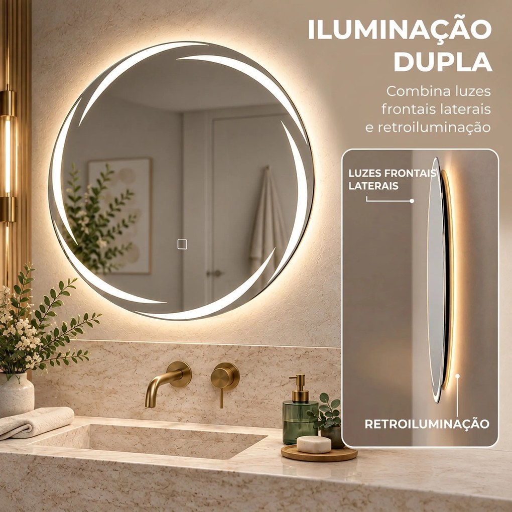 Espelho Redondo LED para Casa de Banho 60x60 cm de Parede com Antiembaciamento Memória 3 Temperaturas de Cor e Brilho Regulável