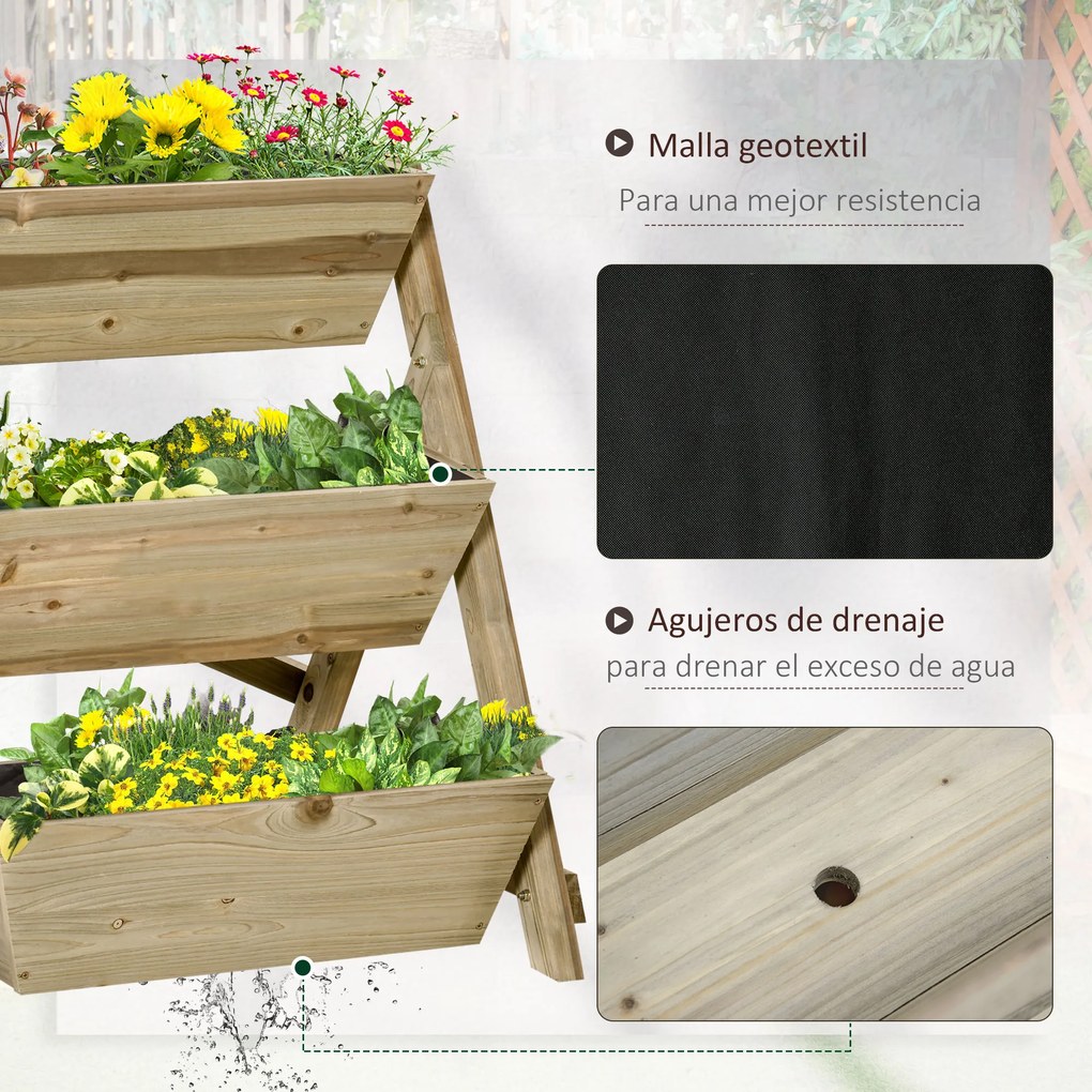Outsunny Horta de Escada de 3 Níveis Horta de Madeira com Tecido não tecido e Orifícios de Drenagem Horta para Plantas Flores Ervas 71x61x77cm Madeira Natural