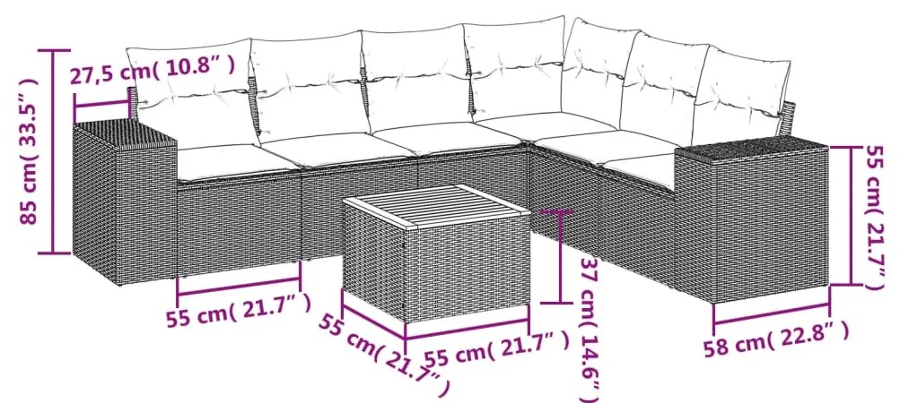 7 pcs conjunto de sofás p/ jardim com almofadões vime PE bege