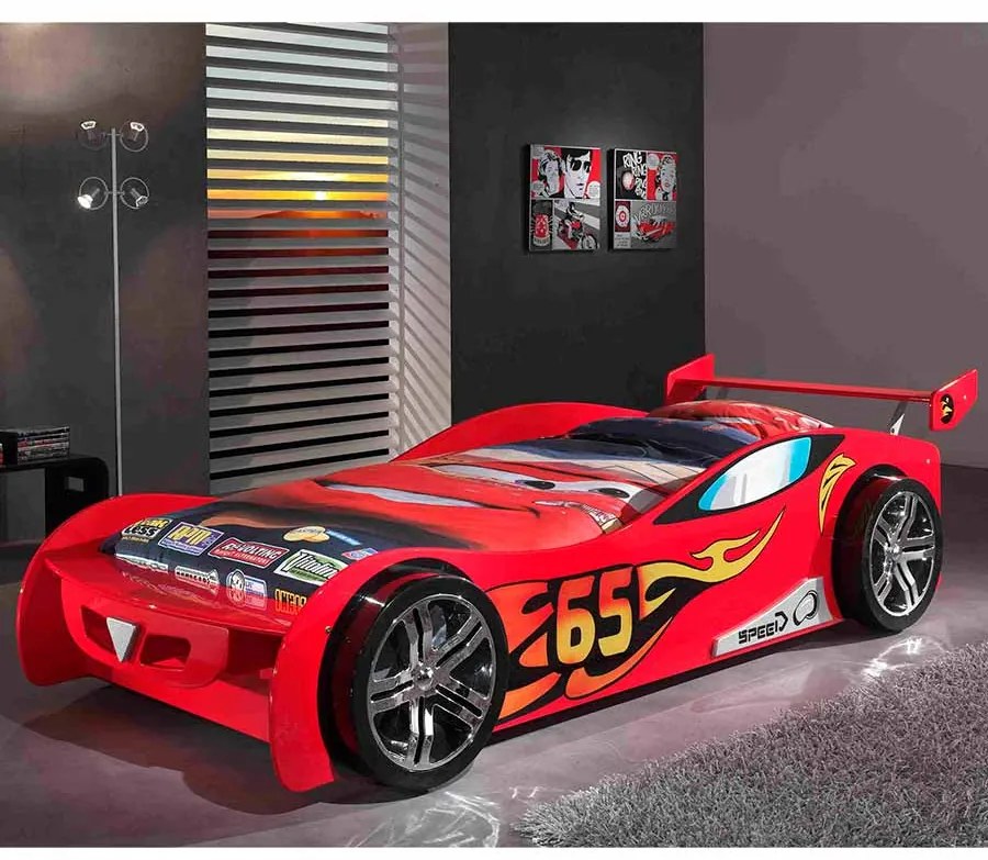Conjunto Cama Carro para Crianças LEMANS + COLCHÃO 90x200cm Vermelha