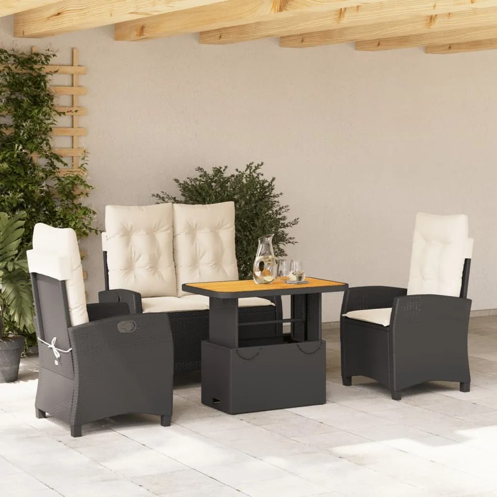 4 pcs conjunto de jardim p/ jardim c/ almofadões vime PE preto