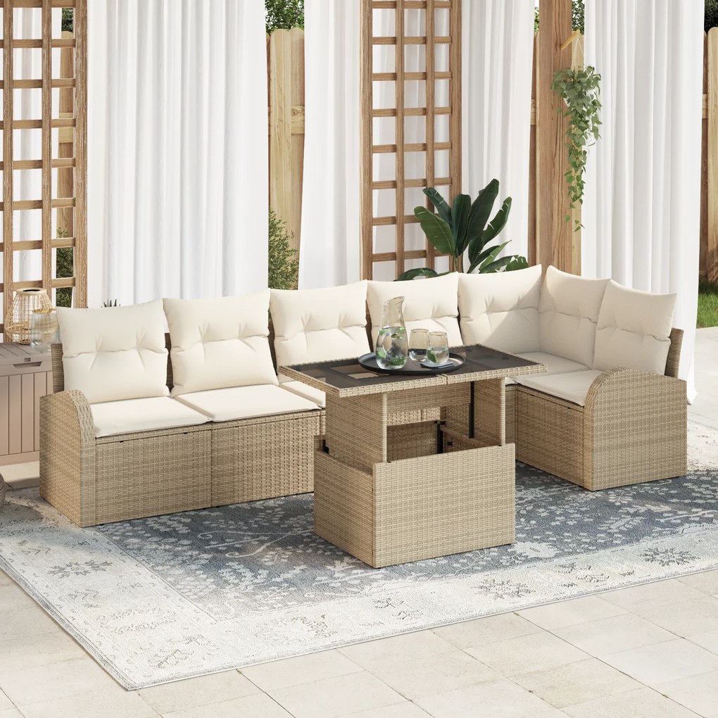 Conjunto de Sofá de Jardim vidaXL 7 Peças com Almofadas Rattan Poliést