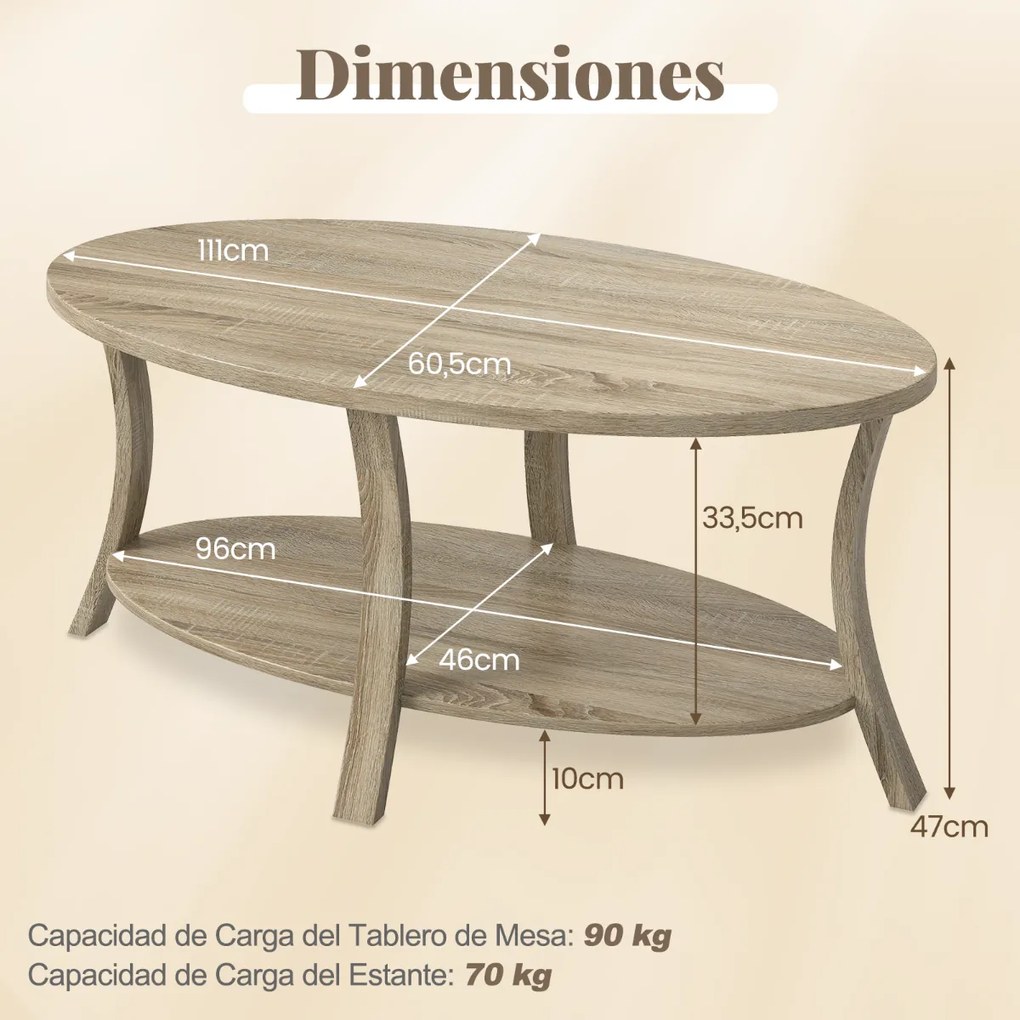 Mesa de Centro Oval 2 níveis 111 x 60,5 x 47 cm com prateleira de armazenamento natural