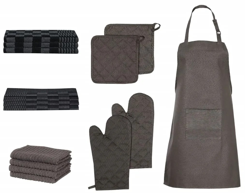 vidaXL Conj. panos de cozinha c/ luvas e pegas 15 pcs algodão preto