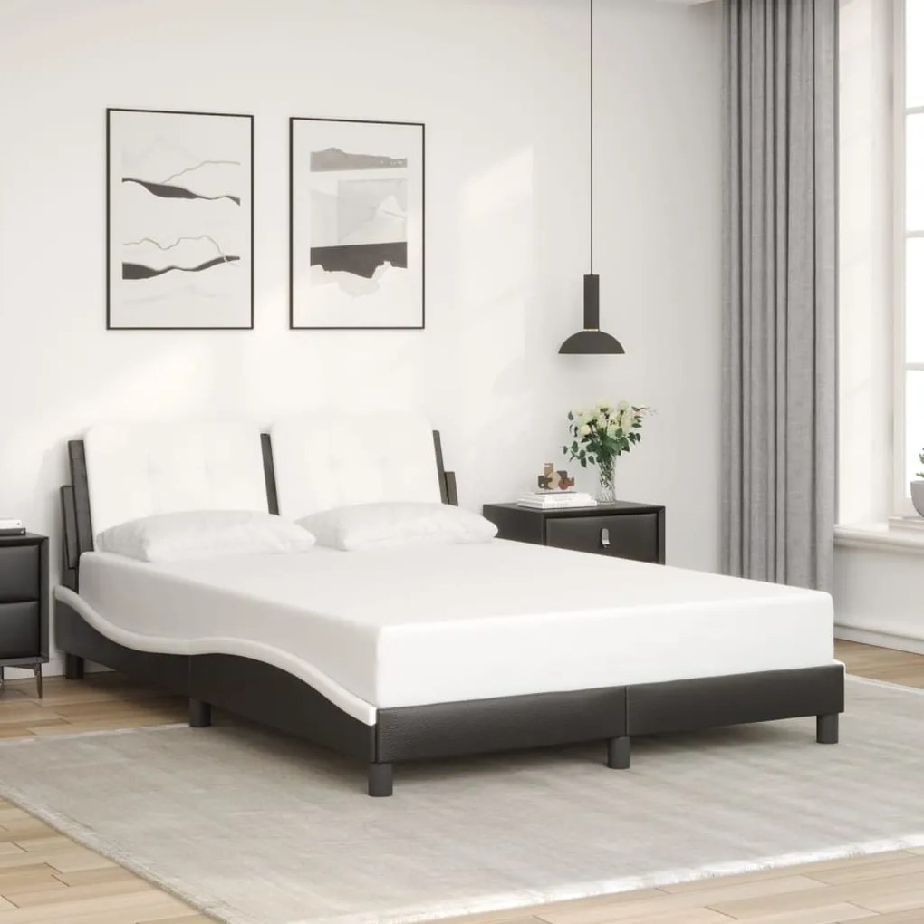 Estrutura cama c/ luzes LED 140x190cm couro artif. preto/branco