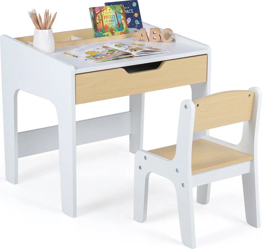 Conjunto de Mesa e Cadeira Infantil, 60 x 48 x 56 cm, Com Gaveta e Compartimentos de Arrumação, Natural e Branco