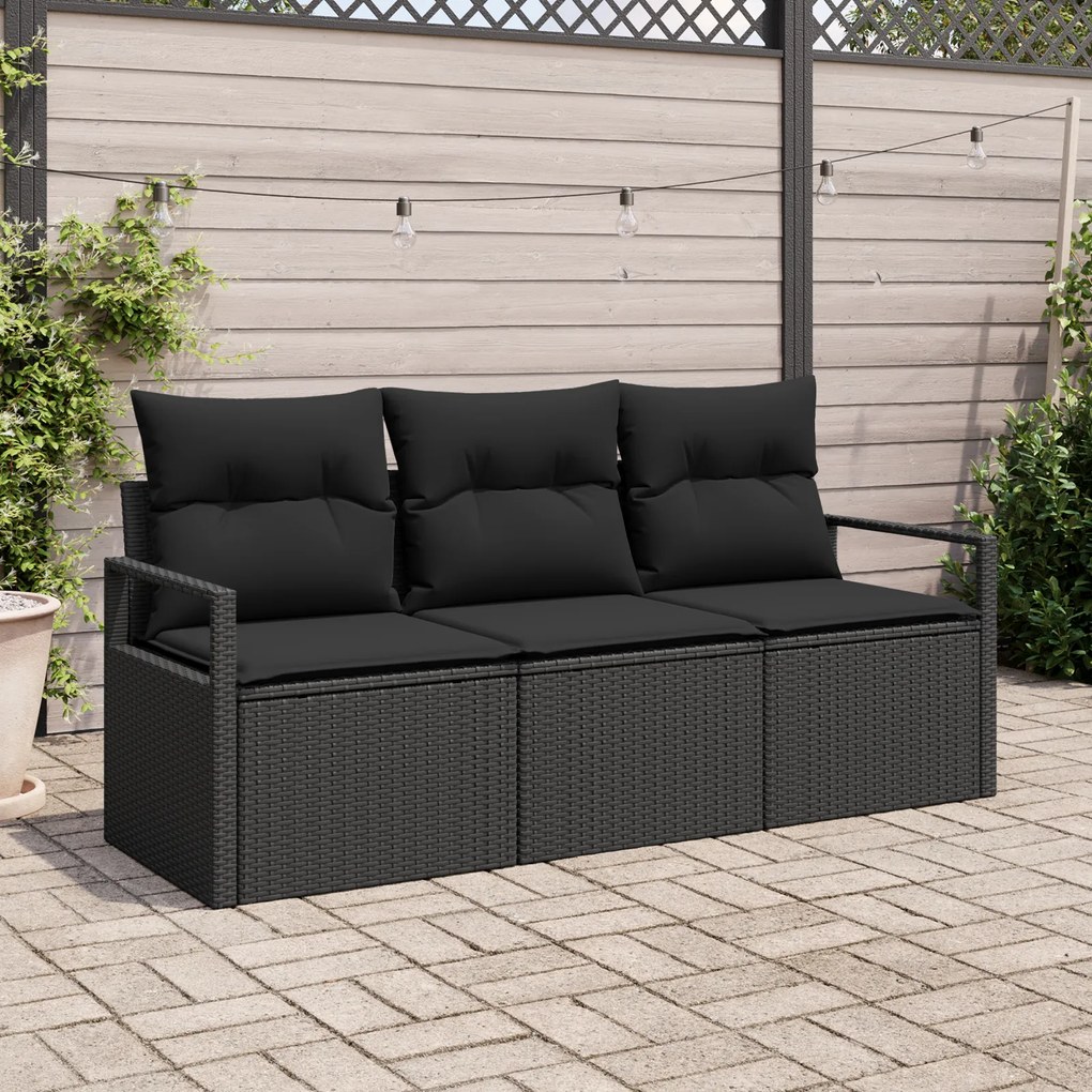 Conjunto de 3 Peças de Sofá de Jardim com Almofadas Preto Rattan Poliéster