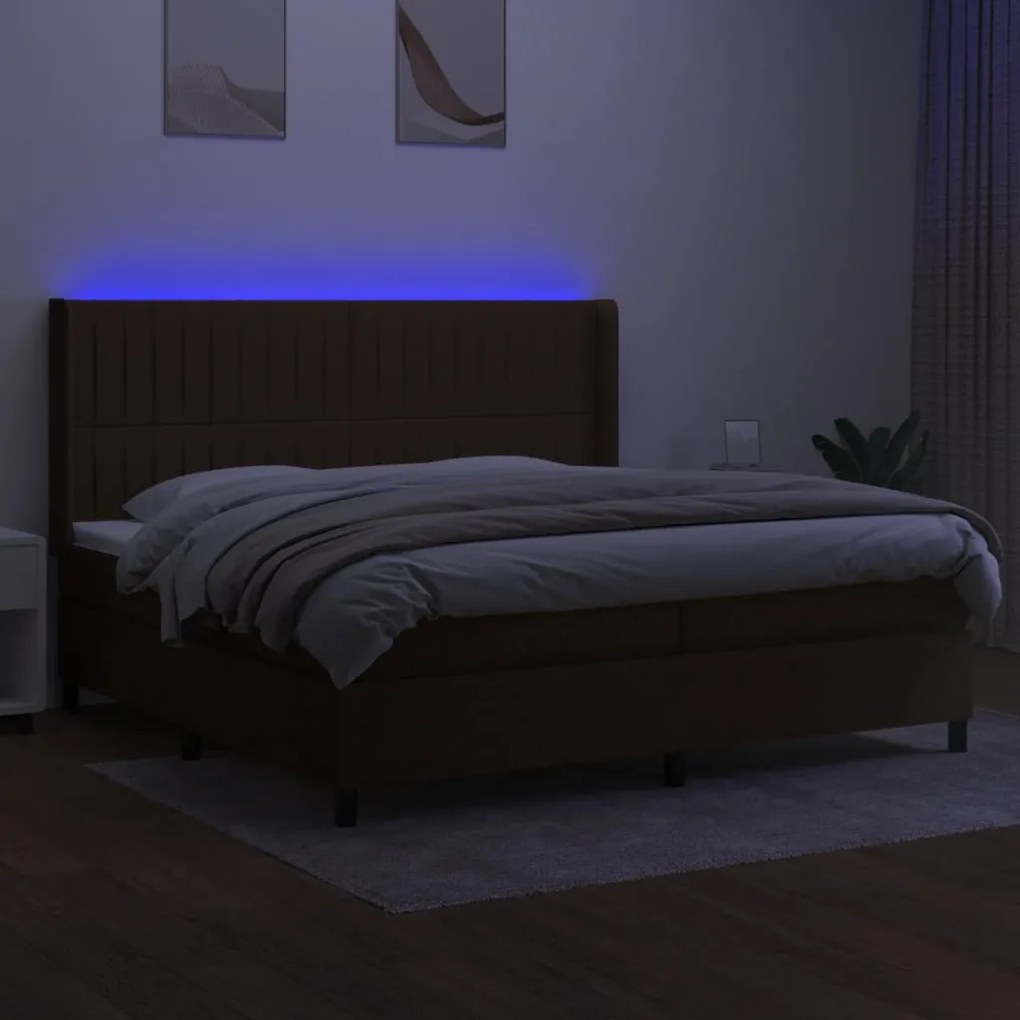 Cama box spring c/ colchão/LED 200x200cm tecido castanho-escuro