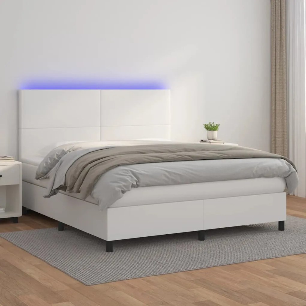 vidaXL Cama box spring c/colchão/LED 180x200cm couro artificial branco