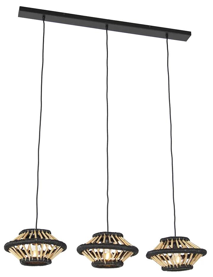 Lâmpada oriental suspensa de bambu com 3 luzes alongadas pretas - Evalin Oriental