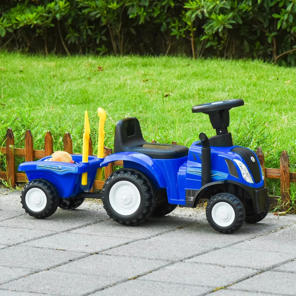 Trator andarilho para Crianças de 12-36 Meses com Reboque Removível Carro Andador com Buzina Farol Pá e Ancinho Carga 25kg 91x29x44cm Azul